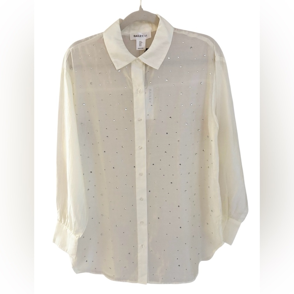 Bailey 44 Sheer Embellished Rhinestone Button Down Blouse in White | Size S